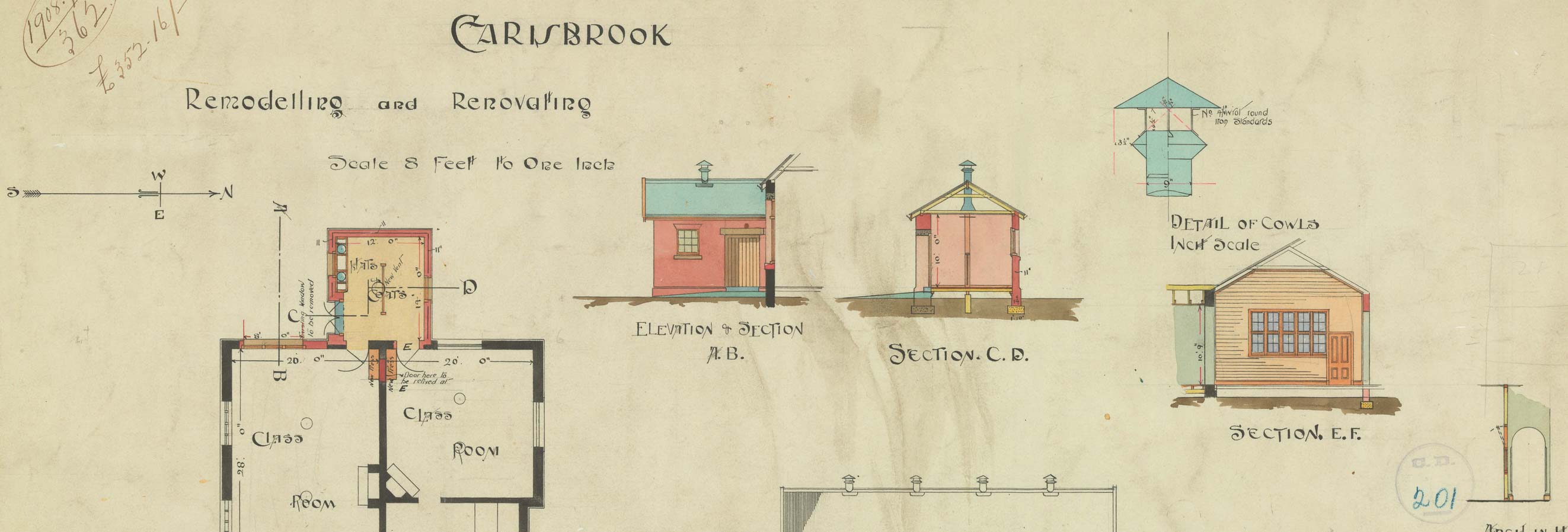 Colour hand drawn building plan of Carisbrook school remodeling and renovating