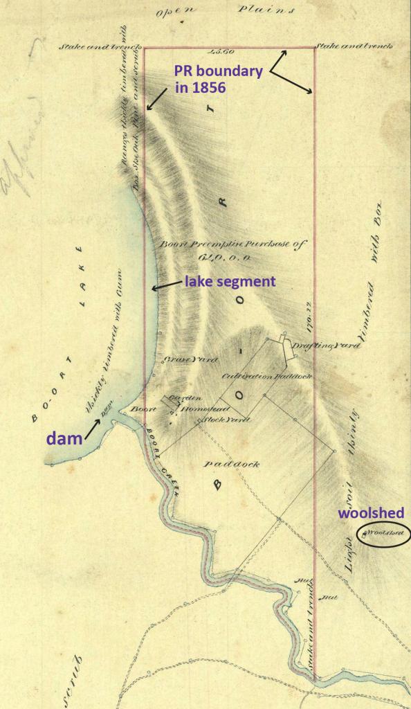 Figure 1: The pre-emptive freehold of Boort Station surveyed by Hugh Frazer in 1856 that includes a segment of Lake Boort but excludes the Godfreys’ woolshed. PROV, VPRS 8168 Historic Plan Collection, P0002, GF14, Line of Old Road from Torpichen Korong Goldfields to Boort, Hugh Frazer, 10 May 1856.