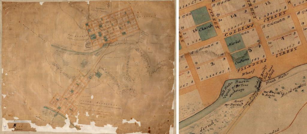 Figure 1: Early plan of Melbourne and South Melbourne by Robert Hoddle (left), dating from 1839, with detail of area showing waterfall (right), PROV, VPRS 8168/P2, SYDNEY M7; MELBOURNE SOUTH; HODDLE.