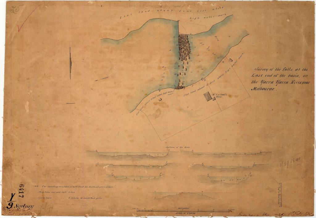 Figure 2: Early plan of the Yarra River, dating from 1841, showing the waterfall where Queens Bridge now crosses the river, PROV, VPRS 8168/P2, SYDNEY Y9; YARRA YARRA RIVER; TOWNSEND.