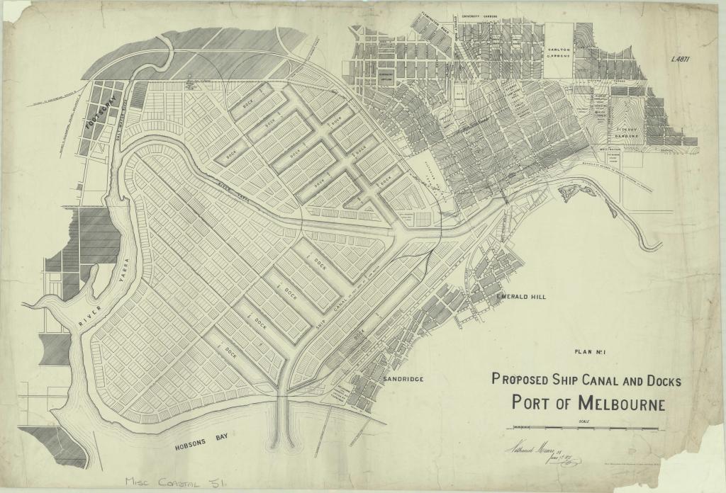 Figure 5: This plan shows Nathaniel Munro’s 1875 proposal for an extensive system of docks west of the city, tentative street and railway layouts in West Melbourne and Fisherman’s Bend, a canal leading straight to Hobson’s Bay and the retention of the natural course of the Yarra to the Salt (Maribyrnong) River, PROV, VPRS 8168/P2, MCS51; PORT OF MELBOURNE; MUNRO.