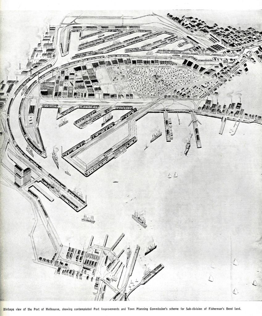 Figure 8: Artist rendering of the dock expansion proposal from 1914, Benjamin Hoare, The Melbourne Harbour Trust Commissioners jubilee report 1877–1927, Melbourne, Peacock Bros, 1927, plate between pp. 304 and 305.