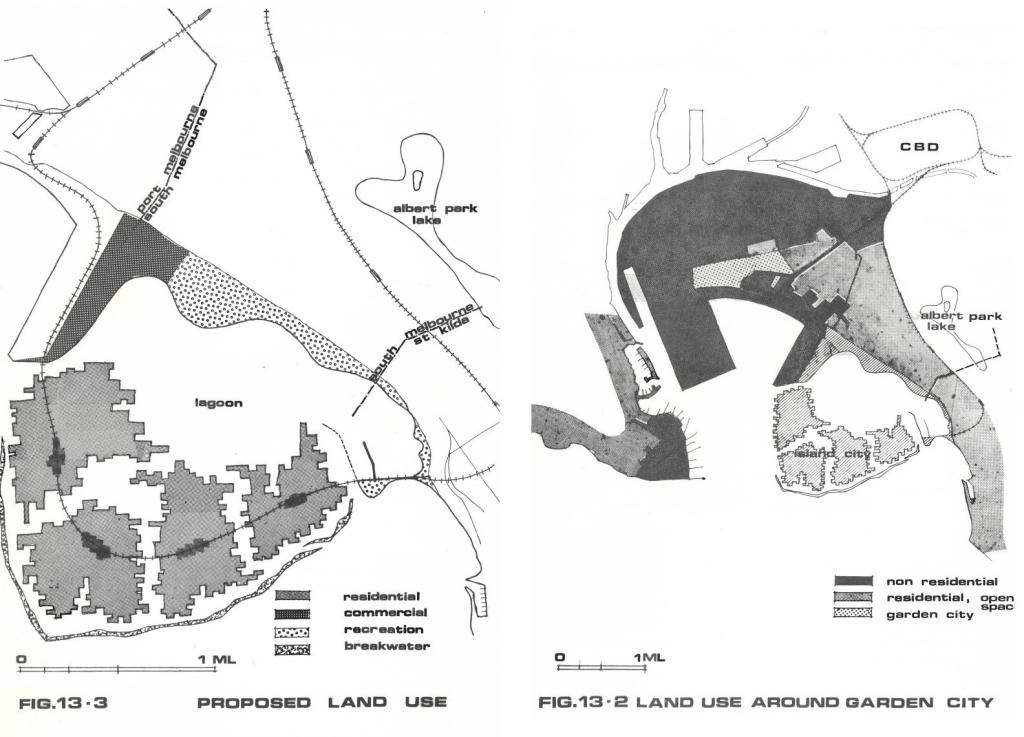 Figure 11: Figures 13.3 and 13.2 from the ‘Island city’ proposal by Shaw, Denton and Corker, c. 1973 [unpublished]. The figure on the left shows the proposed land uses, including a railway connecting the four islands; the figure on the right shows the land use around Garden City.