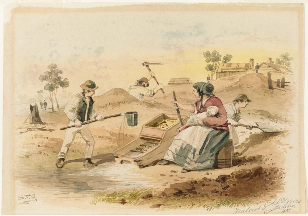 ST Gill, Zealous Gold Diggers, Castlemaine, 1852. State Library of Victoria, Pitctures collections, PCLTFBOX GILL GOLDFIELDS 2.]