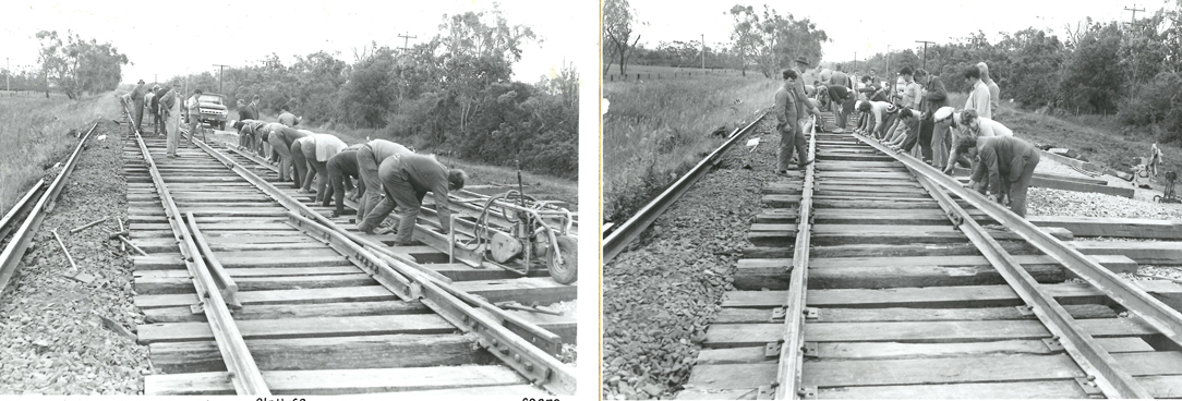 black and white photos of men working on a wooden track