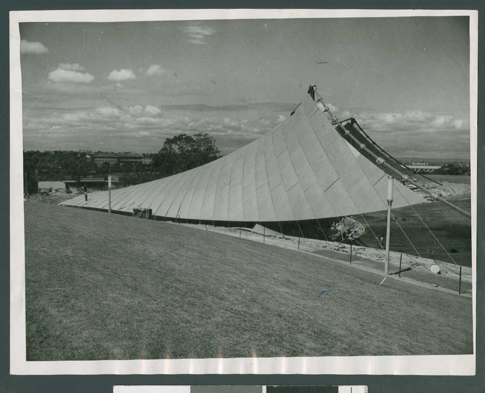 Black and white image of construction of Myer Music Bowl 