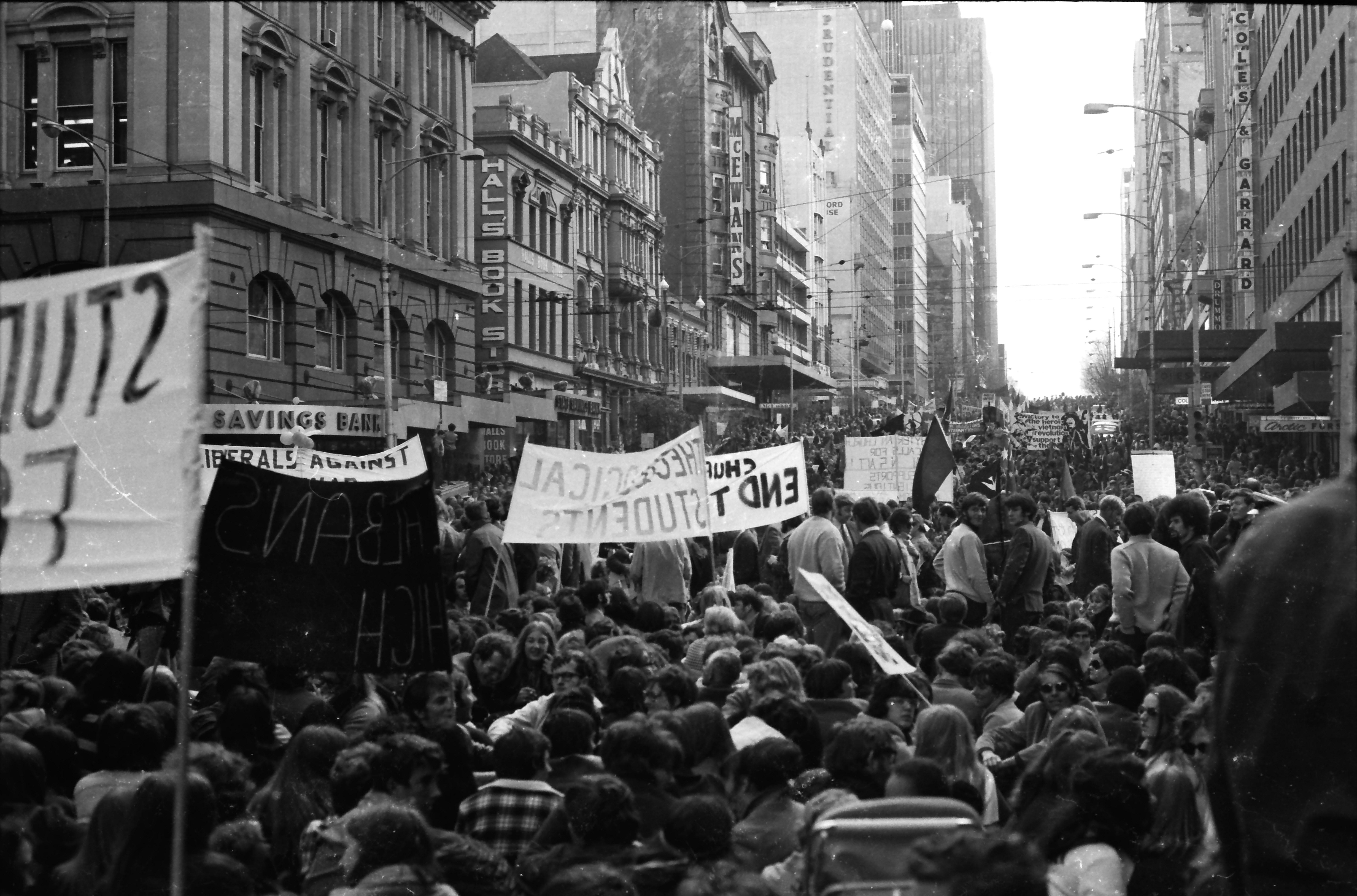 Vietnam Moratorium, corner of Elizabeth and Bourke streets, Melbourne, May 1970. 