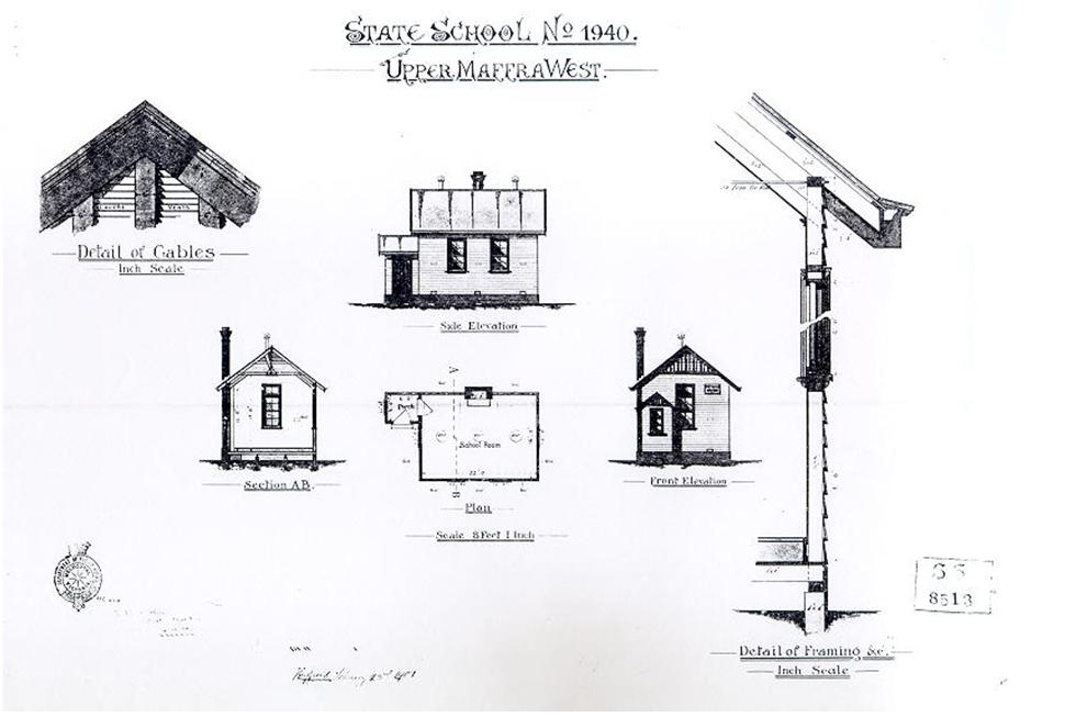 black and white drawings of small school buildings