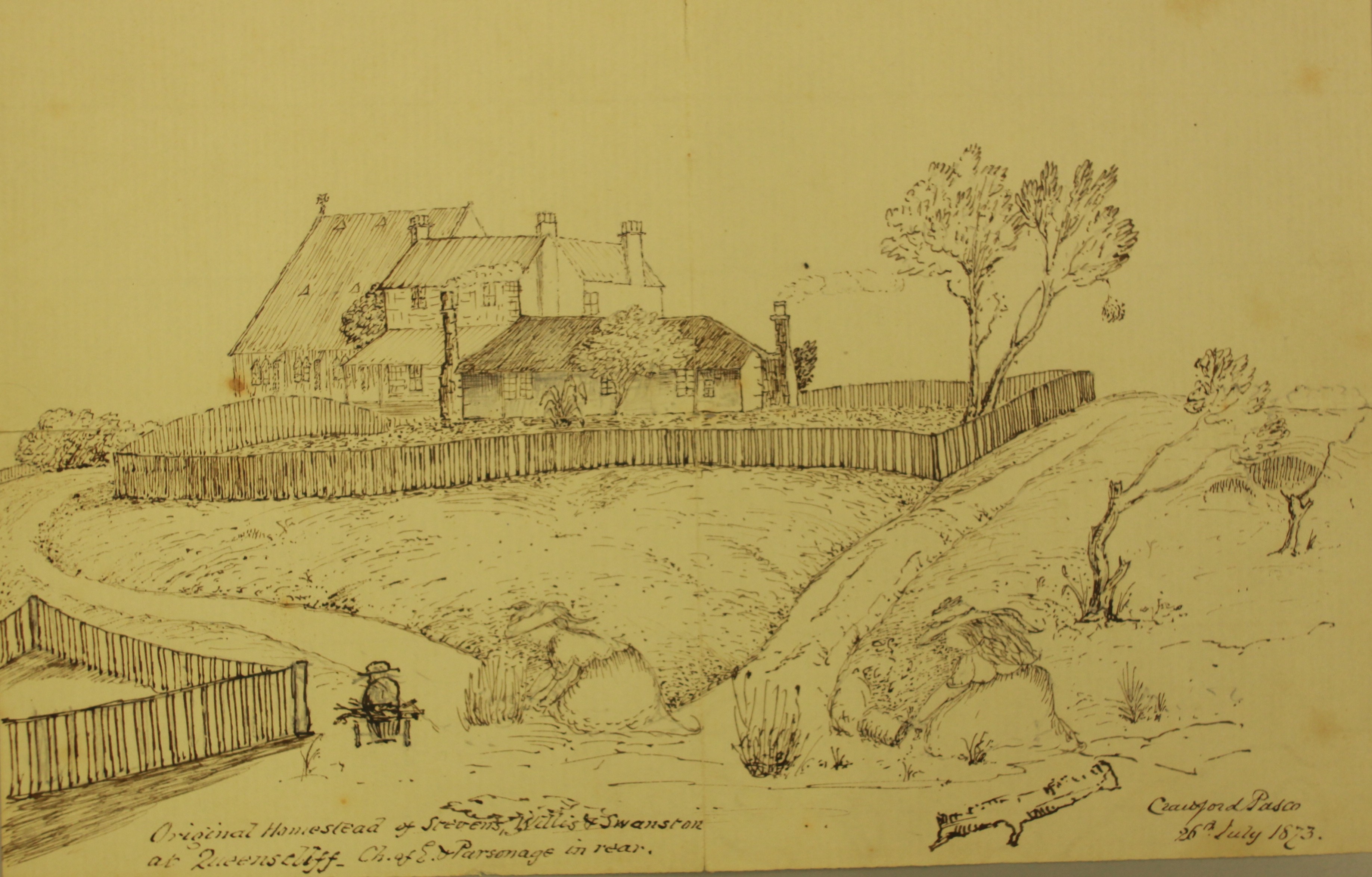 sketch of house with fencing and shrubbery