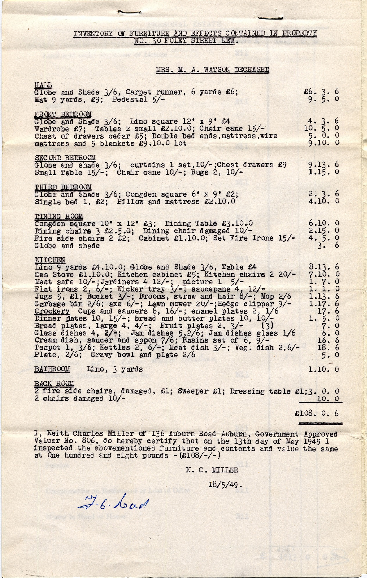 nventory of household contents in a 1949 probate record