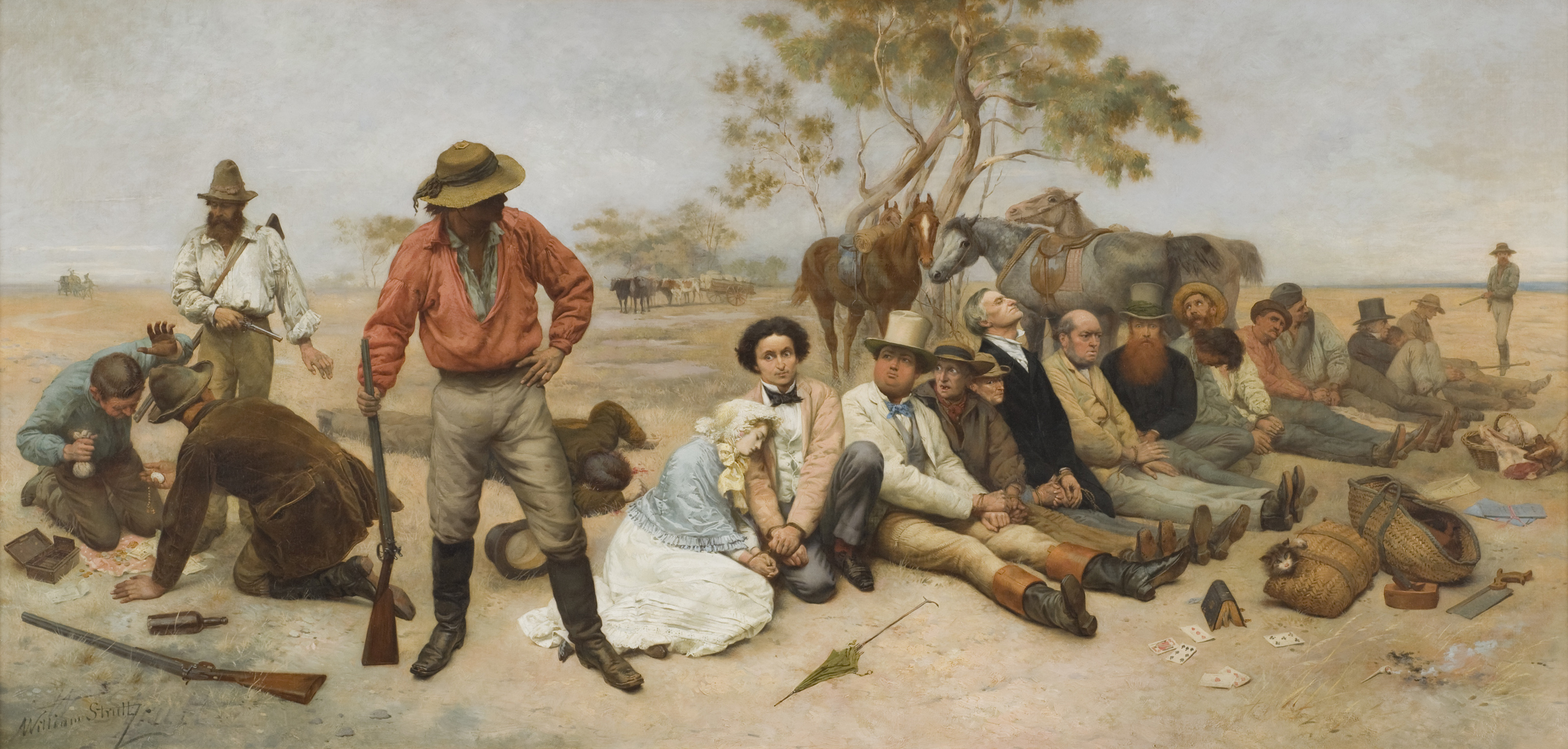 Painting by William Strutt of bushrangers and victims tied up