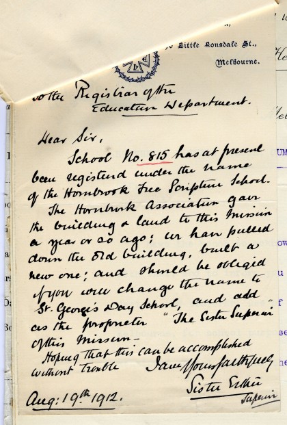 Letter dated 19 August 1912 requesting the Department of Education change the name of school no. 815