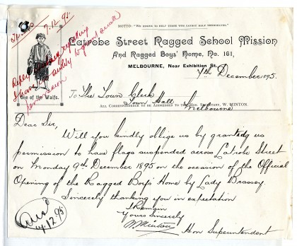 Letter from William Minton, Hon. Superintendent, Latrobe Street Ragged School Mission