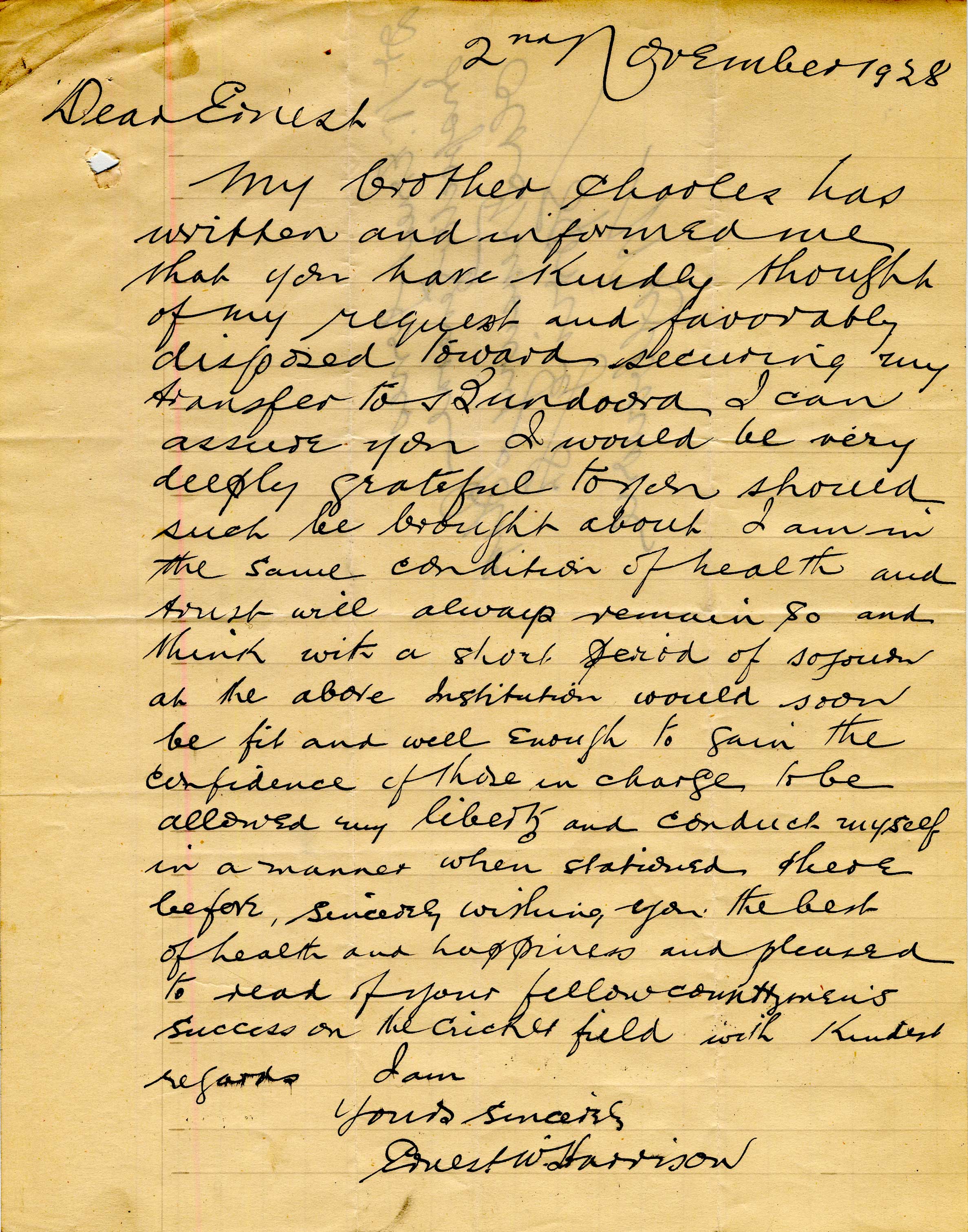 First page of letter from EW Harrison to Dr Jones