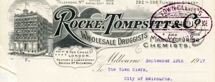 Letter from Rocke, Tompsitt & Company, Wholesale Druggists and Manufacturing Chemists, to the Town Clerk urging the establishment of public toilets on the corner of Flinders and Elizabeth Streets. 