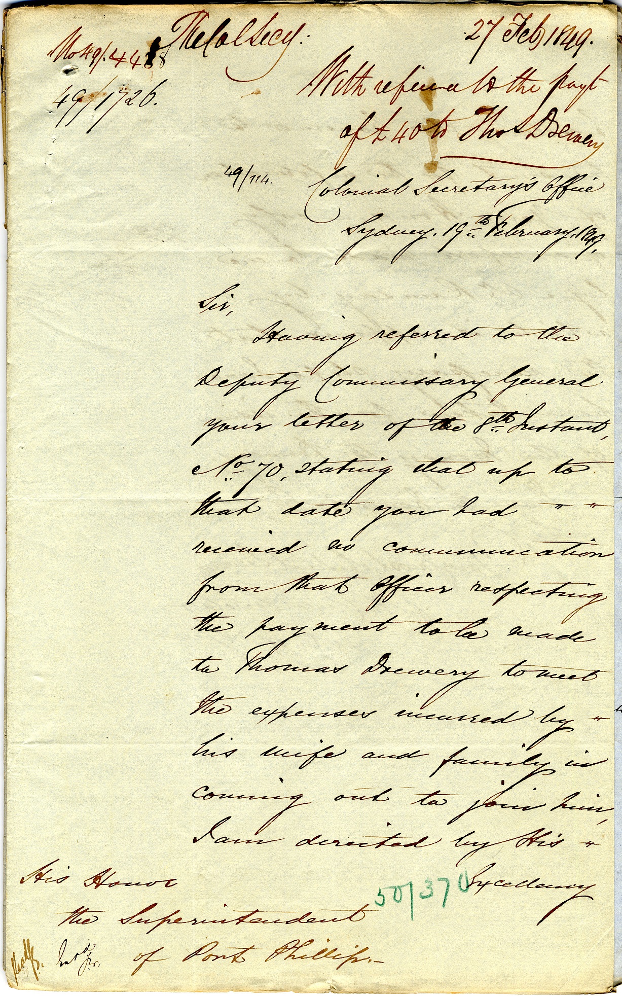 Colonial Secretary, letter to the Superintendent of Port Phillip with reference to the payment of £40 to Thomas Drewery