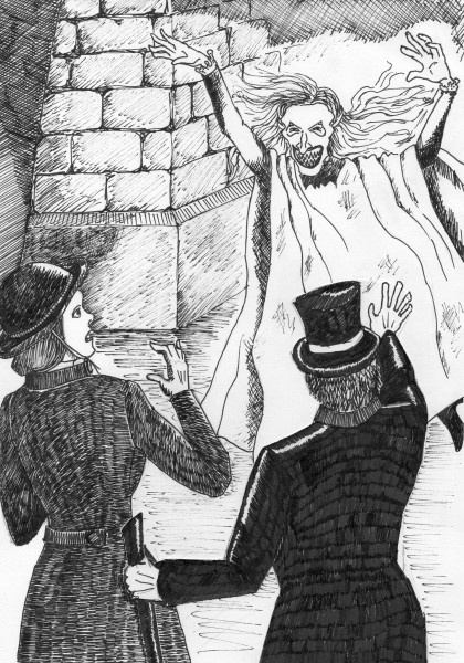 Artist’s impression of a woman who engaged in ghost hoaxing under bridges wearing a white phosphorous sheet and a hideous paper mache mask
