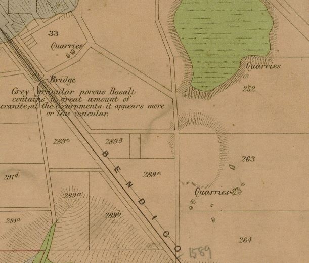 Image of portion of Lidgey’s 1894 Malmsbury and Lauriston Gold Field Map.