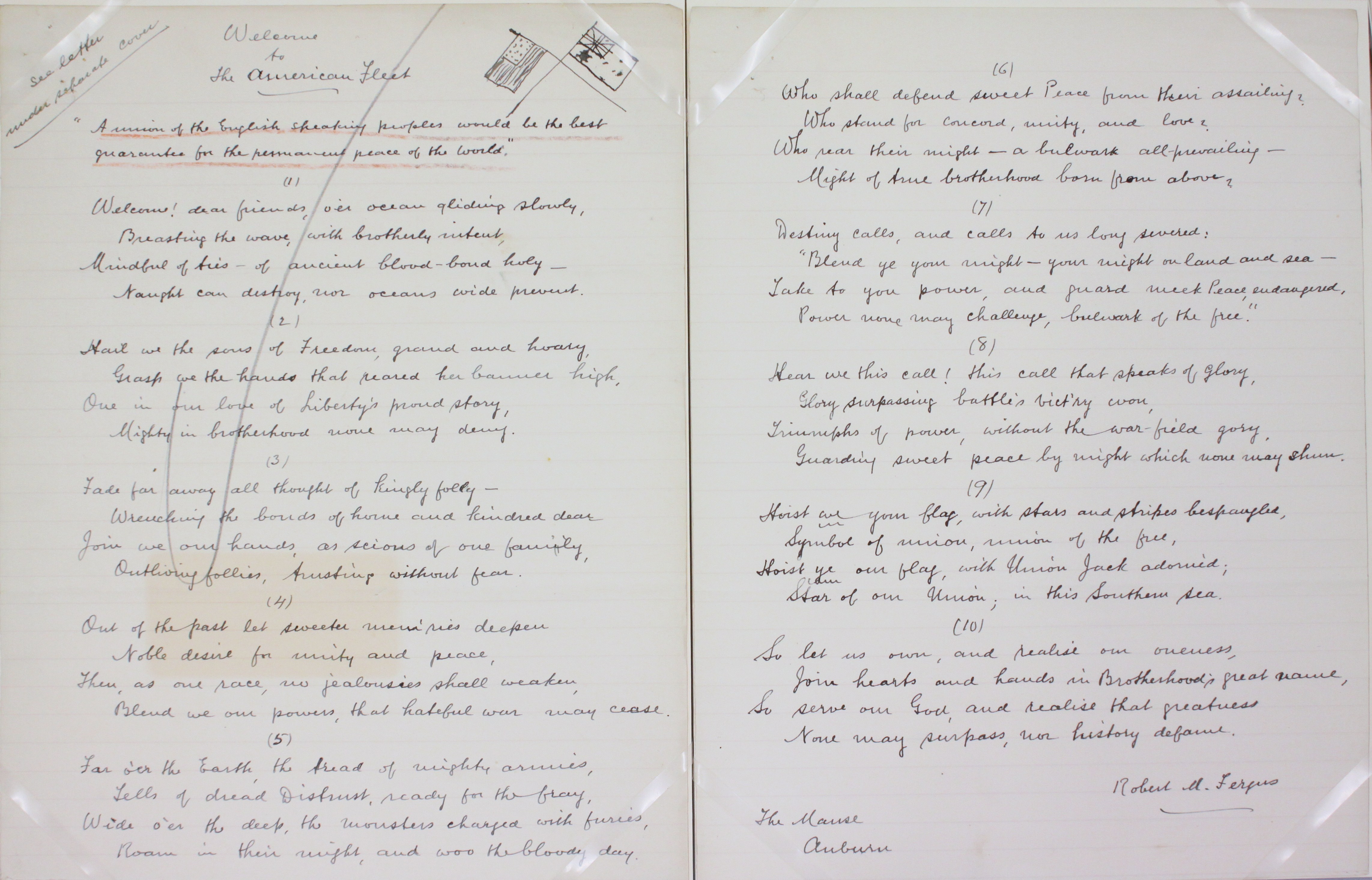 The poem 'welcome to the american fleet' handwritten on two pieces of paper