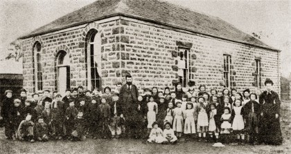 Baringhup Common School outside Free Library Hall, from The Early History of Baringhup by D Thomas. State Library of Victoria.