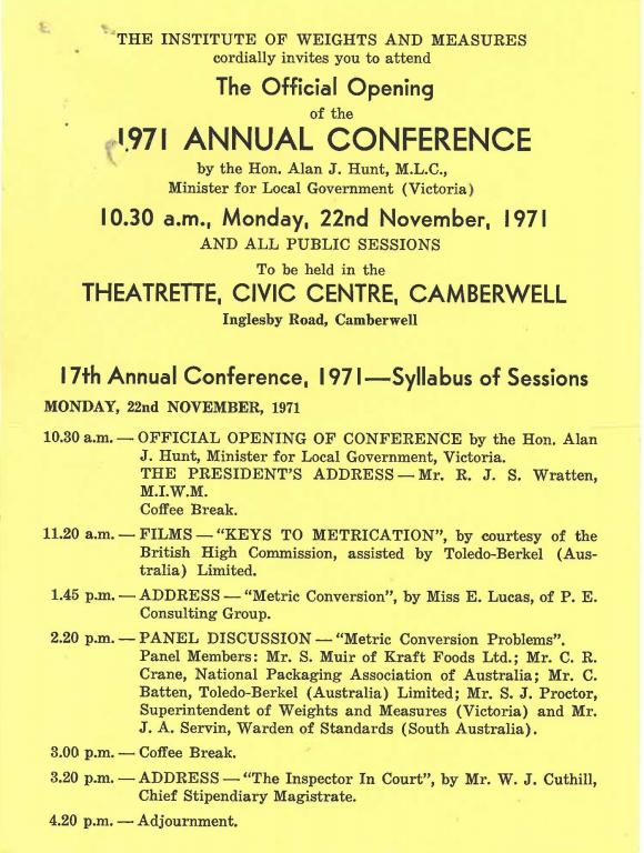Image of weights and measures conference flyer from 1971 Melbourne