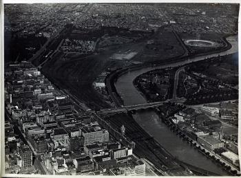 black and white aerial photo of flinders street