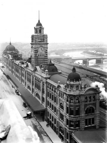 Black and white image of Flinders Street Station