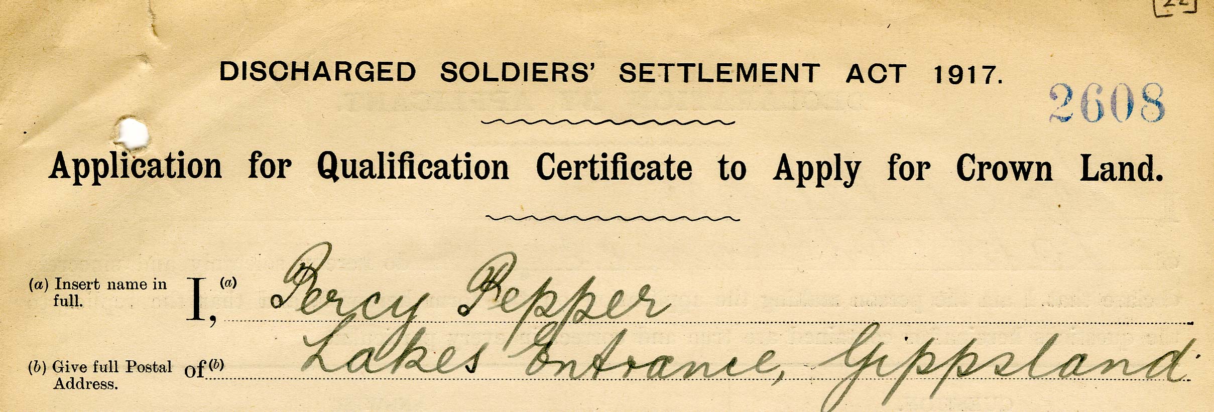 An image of a historical soldier settlement document
