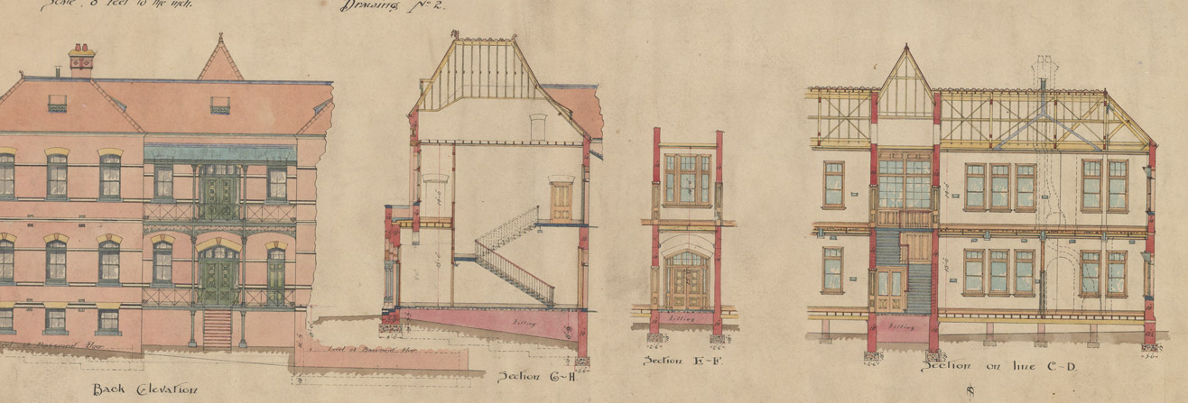 This Public Works Department section plan of the School of Mines building includes a half plan of the roof and rear elevation view, dated 26 October 1898, VPRS 3686/P1 0177 Drawing of building plans