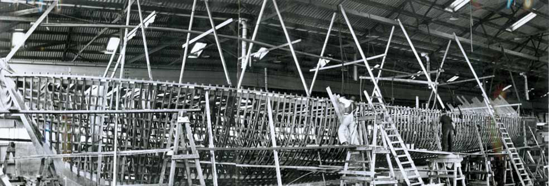 Black and white image showing Building the Air Sea Rescue vessel at Williamstown c1940 