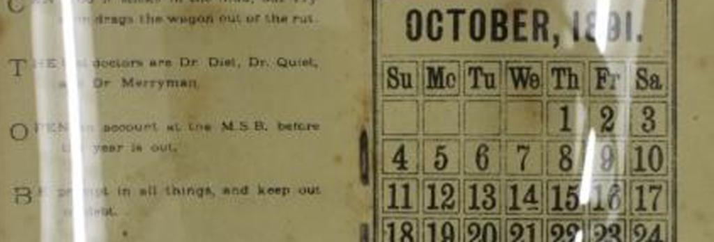 SBV 1891 Calendar Middle Pages View State Bank Archives - Ephemera Collection VPRS 8936/P1, Units 201 & 202 SBV 1891 Calendar Middle Pages View State Bank Archives - Ephemera Collection VPRS 8936/P1, Units 201 & 202