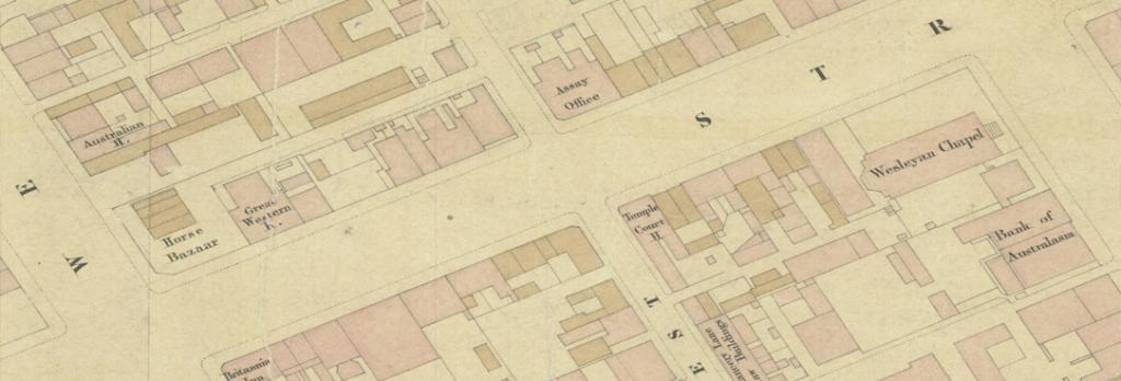 Figure 5: Great Western Hotel, Temple Court Hotel and Assay Office in a detail taken from the PROV version of the Bibbs map, VPRS 8168/P3 Historic Plan Collection, Unit 46, MELBRL 12 Melbourne: [Melbourne. n.d.].