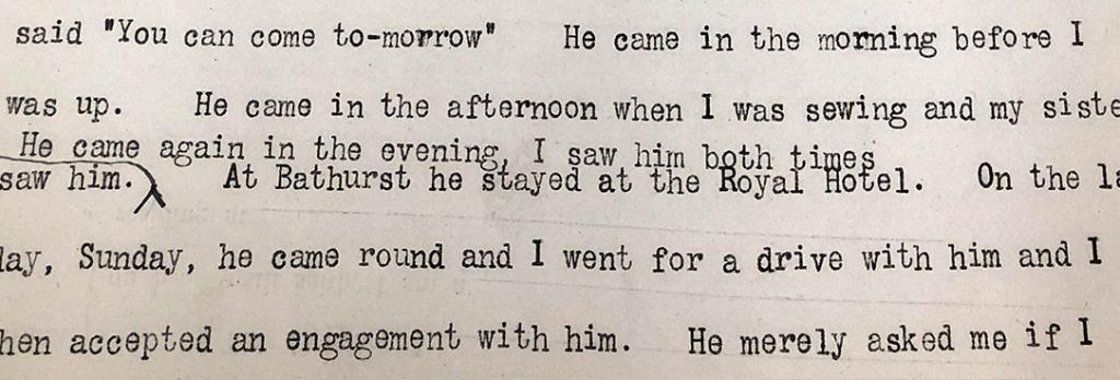 Kate Rounsefell’s deposition to the coroner, recounting her engagement to Swanson. PROV, VPRS 30/P0, Case no. 261.