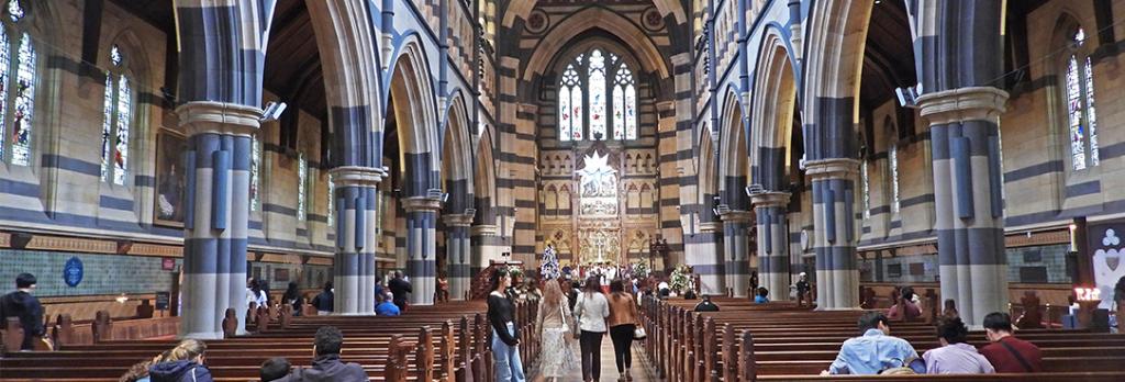 St Paul’s Cathedral, Melbourne, showing the Malmsbury Bluestone in the banded walls and columns. Photograph John Walter, 2023.