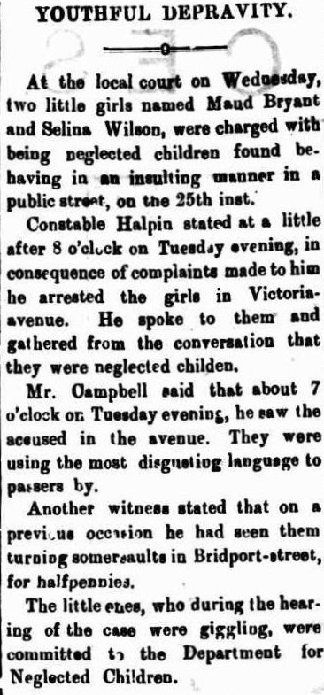 Figure 2: Newspaper report about Maud Bryant and Selina Wilson. ‘Youthful depravity’, Record (Emerald Hill), 29 June 1895, p. 3, http://nla.gov.au/nla.news-article108476145.