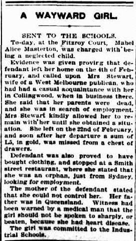 Figure 4: Description of Mabel Masterton. ‘A wayward girl’, Herald (Melbourne), 8 March 1899, p. 1, http://nla.gov.au/nla.news-article241873057.