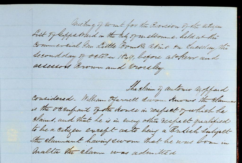 Figure 1: Excerpt from the minutes of the Revision Court hearing of 8 October 1849, PROV, VPRS 4039/P0, Minutes of Special Committee, Minutes Revision Court, 1848–1886.
