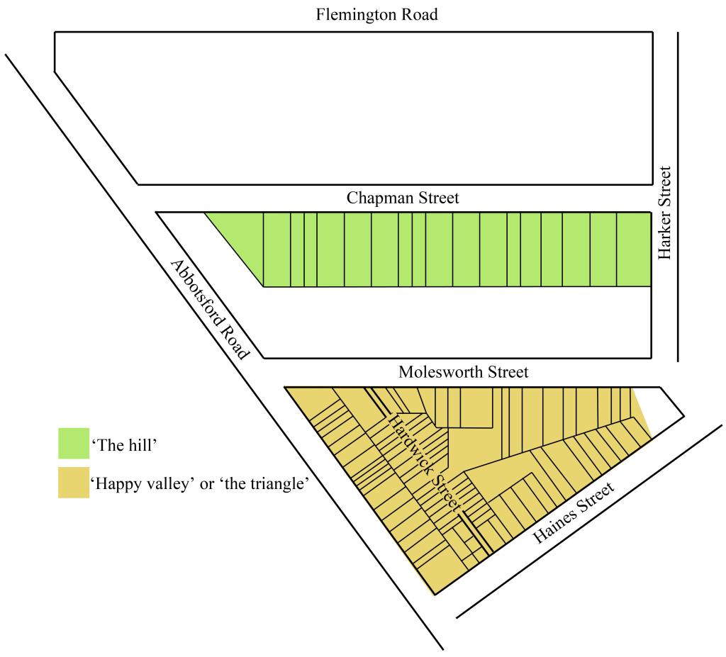 Figure 4: The ‘triangle’ and the ‘hill’ case study areas. The size of the blocks pictured are to be considered a visual guide to the pattern of development, not an accurate plan to scale. Map drawn by author.