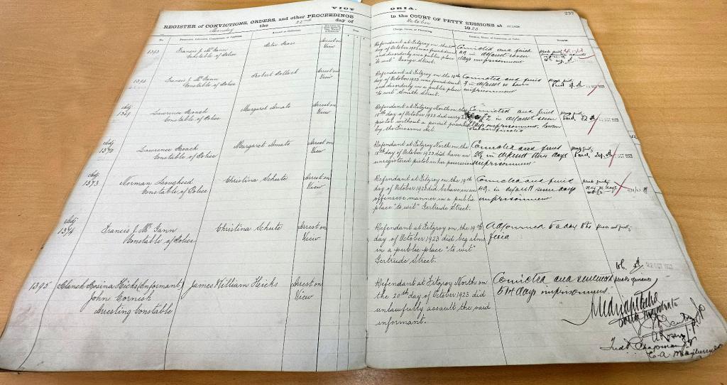 Figure 1: Fitzroy Court records pertaining to James William Hicks’s sentencing, 20 October 1923, PROV, VPRS 6059/P0001/1395. The bottom line, number 1395, is Hicks’s record.