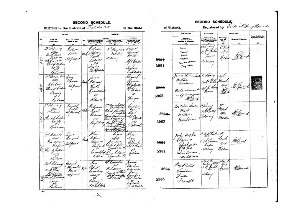 Figure 4: Birth certificate for Mary Florence Hicks, BDMV, 5962/1913. Second line, numbered 393 on the left, note the blank space under ‘When and where married’.
