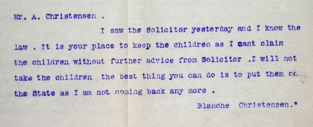 Figure 7: Ethel’s note (signed Blanche Christensen) to Andrew regarding their children, PROV, VPRS 283, 162/1913.