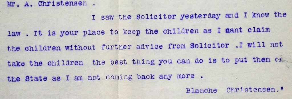 Figure 7: Ethel’s note (signed Blanche Christensen) to Andrew regarding their children, PROV, VPRS 283, 162/1913.