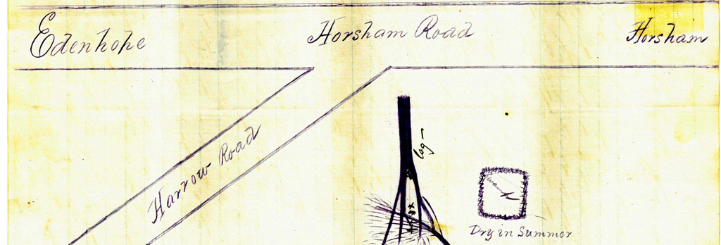 Detail of sketch produced by Constable Toohey in 1884 that was provided as evidence at the inquest into the Maryvale murder victims, showing the location of the skeletal remains relative to the junction of Harrow and Horsham roads.