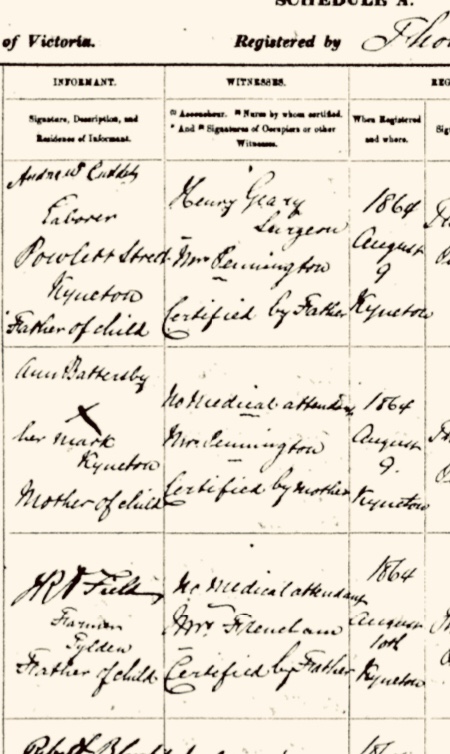 Birth registration of Mary Jane Battersby, , born 8 July 1864, showing attendants at the birth, Victorian Birth Register, registration no. 1864/16028.