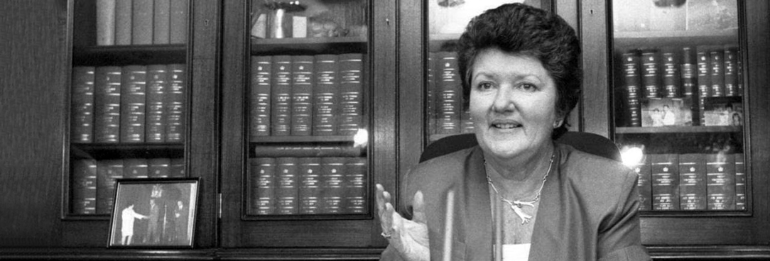 Joan Kirner photograph from The Australian Black and white photograph of Joan Kirner at her desk