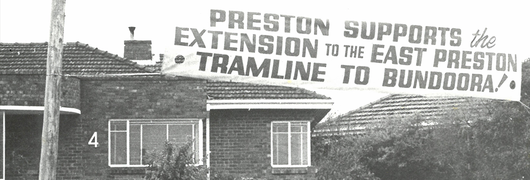 Photograph from Darebin, Preston and Northcote. VPRS 22631/C1 Box 1. a sign out front of a house about the tramline to bundoors