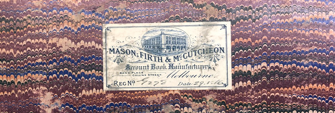 an inside page of a book featuring water colour and a stamp that says Mason Firth and McCutcheon Account Book Manufacturer Melbourne 
