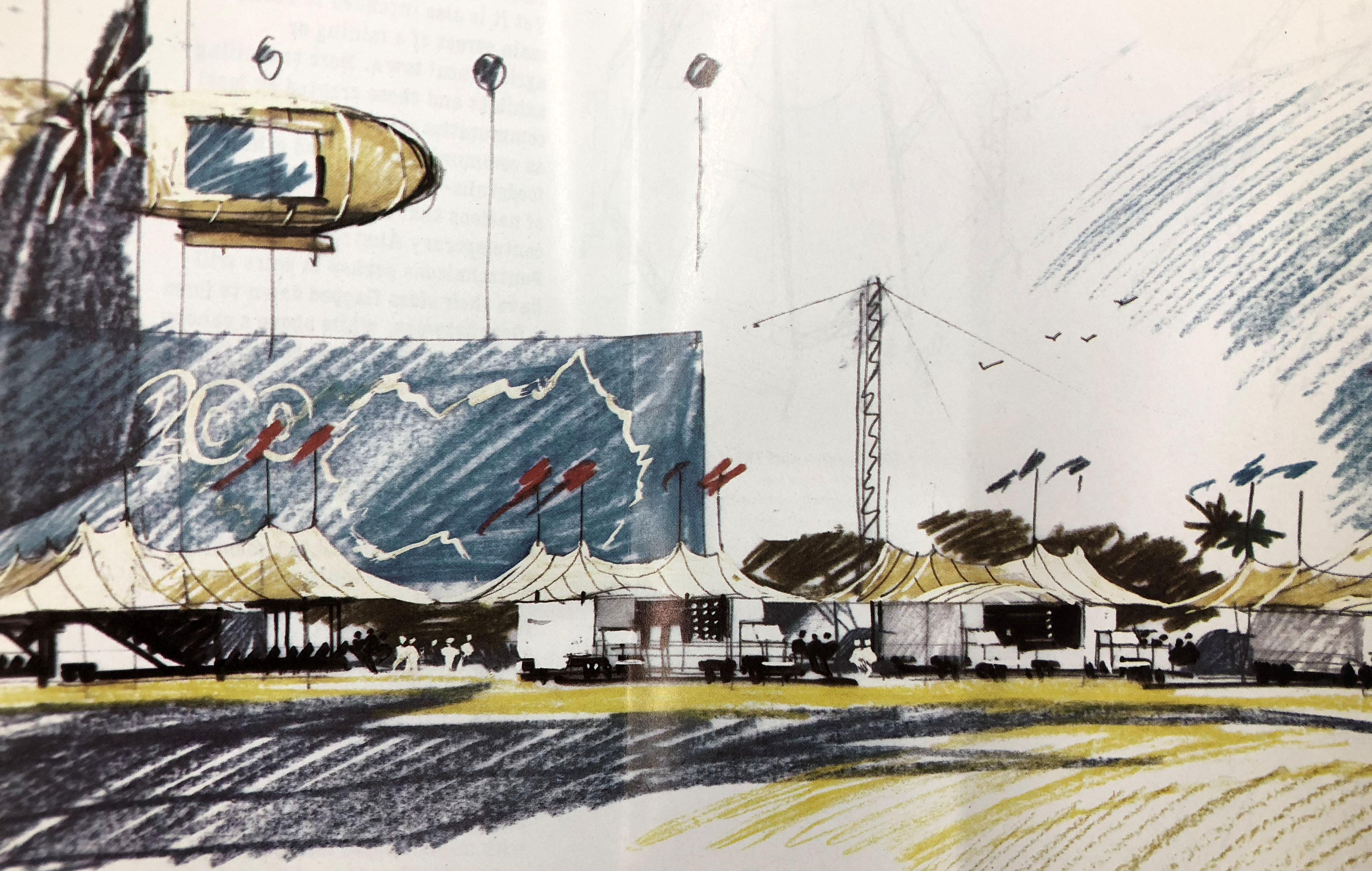 colour sketch drawing of what looks like a carnival