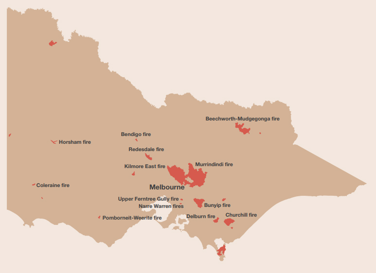 map of victoria with red sections showing where the bushfires were