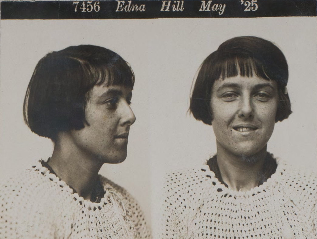 side by side black and white mug shot photo portraits of a young woman with a short dark bob hairstyle and smile and white crochet shirt